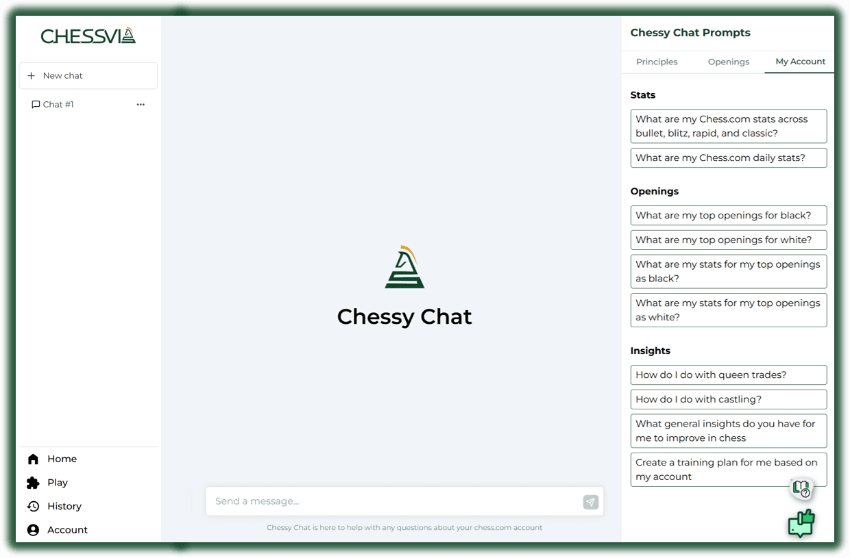Chessy AI chatbot interface showing conversation with personalized chess analysis and advice